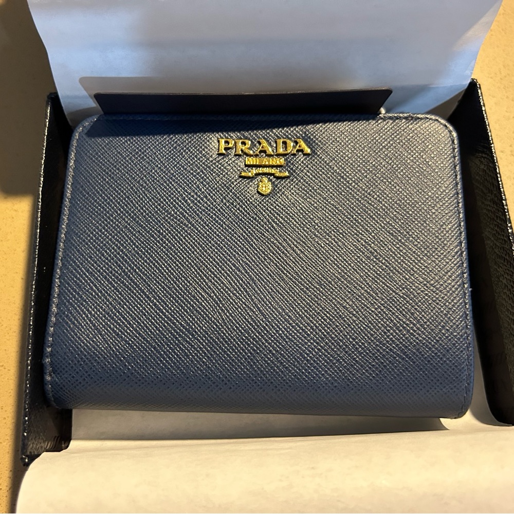 Prada small Saffiano and leather wallet in bluette